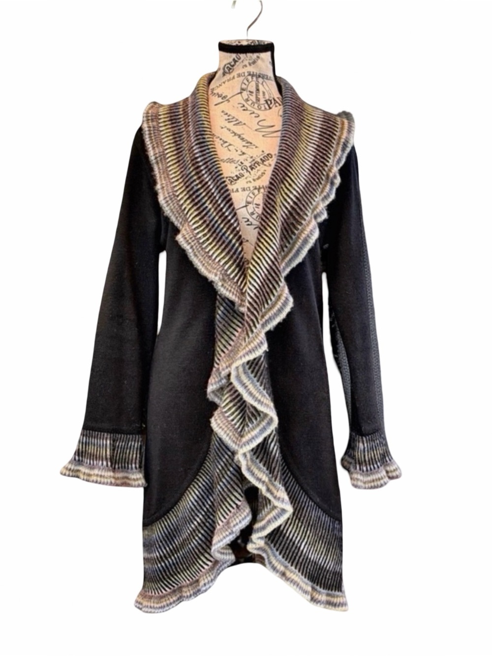 ANGEN Merino Wool Ruffle Shawl Collar Cardigan | Small | Multicolor Trim | Italy